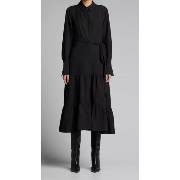 Kobi Halperin Dresses & Skirts - Kobi Halperin Black Linen Blend Tiered Midi Shirt Dress